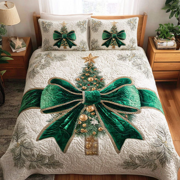 Ribbon Charm quilted 3-piece bedding set on a made bed with two matching pillow shams