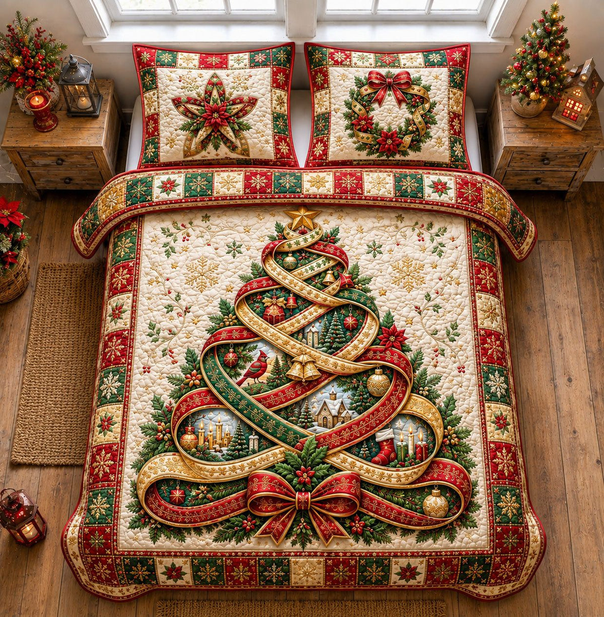 Ribbon Tree Memories quilted 3-piece bedding set on a made bed with two matching pillow shams