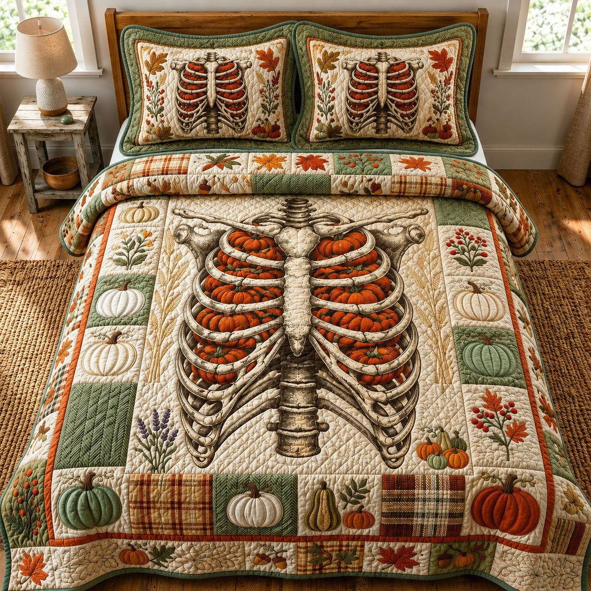 Ribcage Pumpkins quilted 3-piece bedding set on a made bed against a dark styled interior