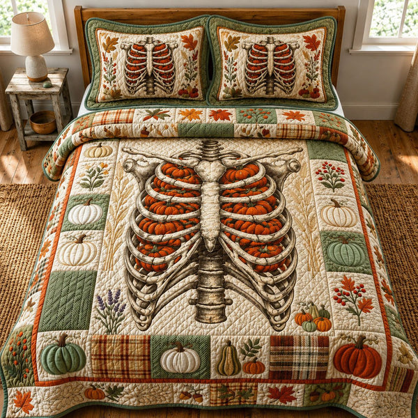 Ribcage Pumpkins quilted 3-piece bedding set on a made bed against a dark styled interior