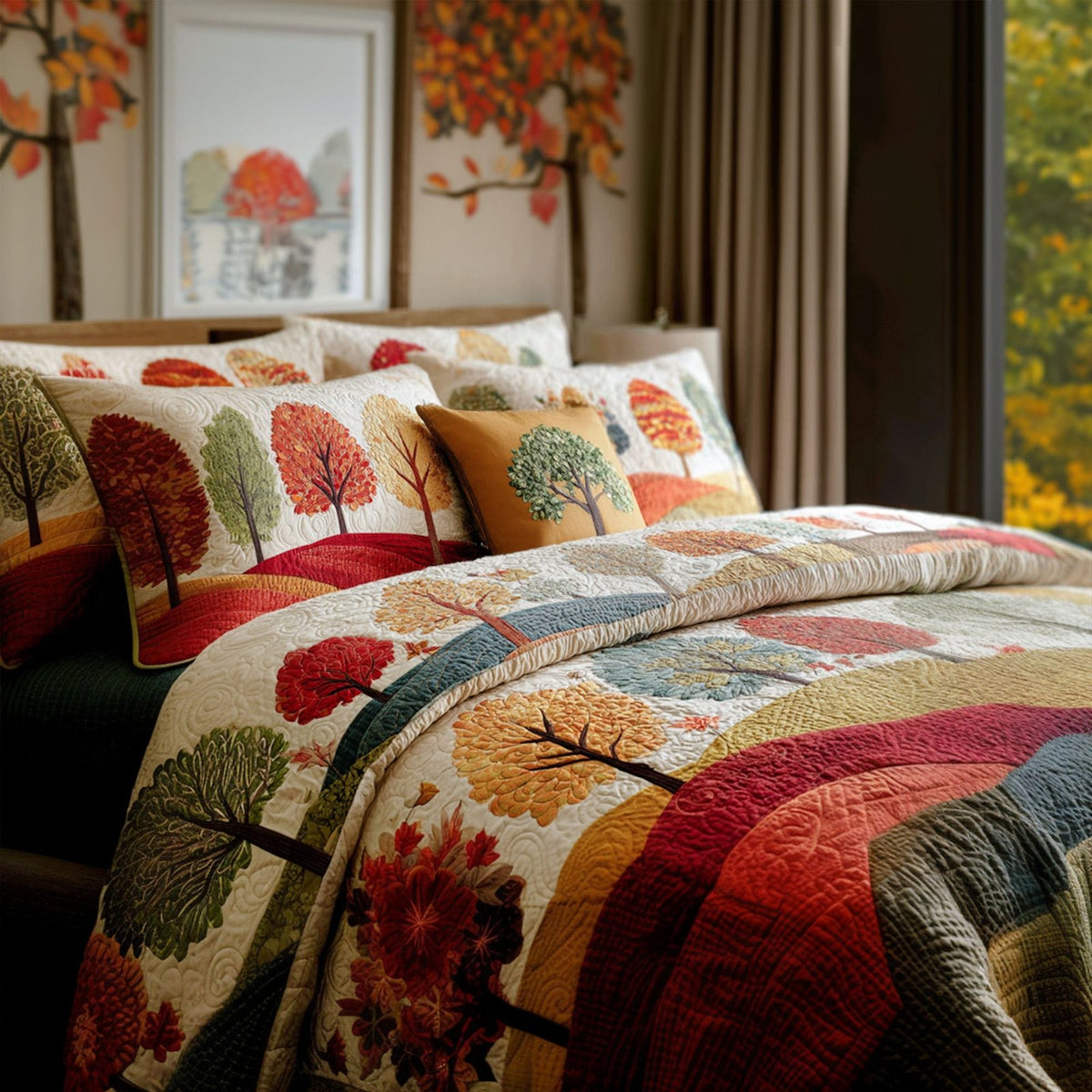 Rich Fall Colors quilted 3-piece bedding set on a made bed with two matching pillow shams