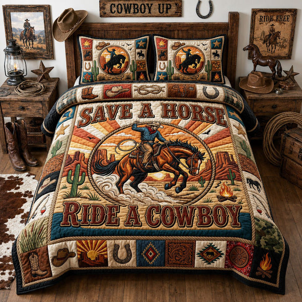 Ride A Cowboy quilted 3-piece bedding set on a made bed in a rustic timber bedroom
