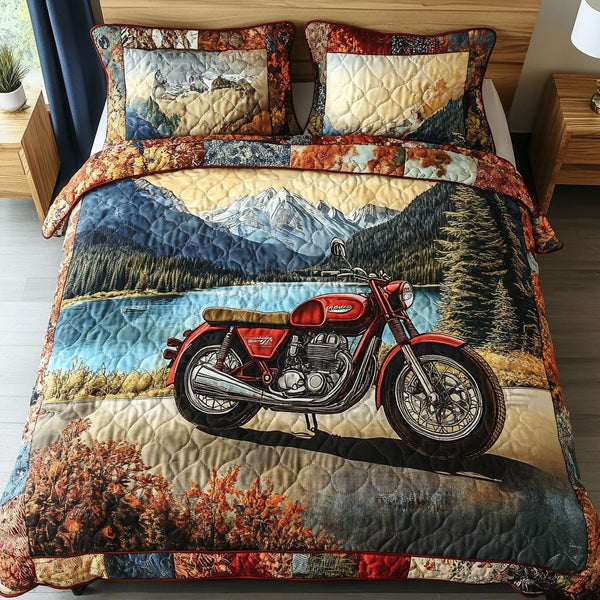Ride into the Sunset quilted 3-piece bedding set on a made bed with two matching pillow shams