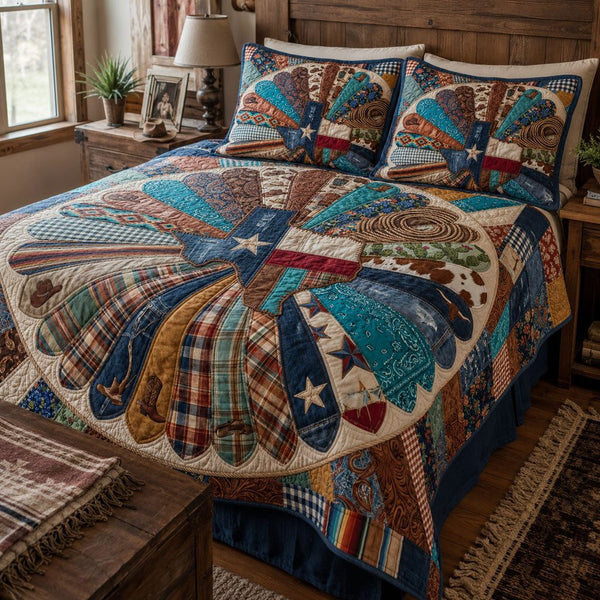 Ride Through Texas quilted 3-piece bedding set on a made bed in a rustic timber bedroom