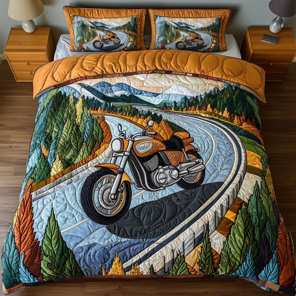 Ride Through the Rockies quilted 3-piece bedding set on a made bed with two matching pillow shams