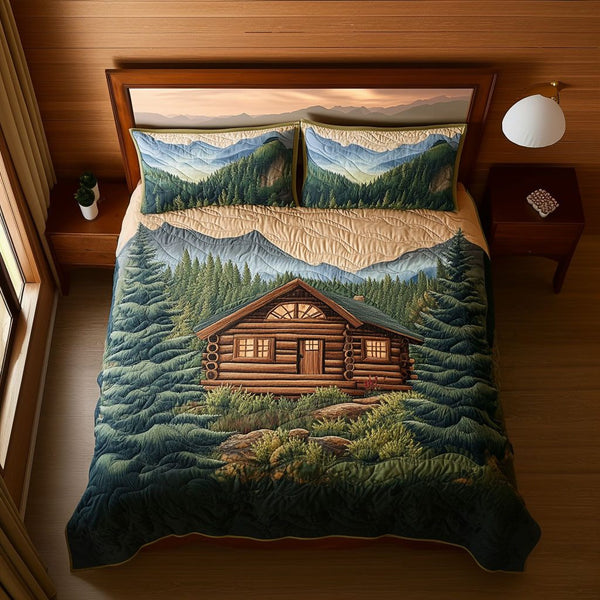 Ridge Cabin quilted 3-piece bedding set on a made bed with two matching pillow shams