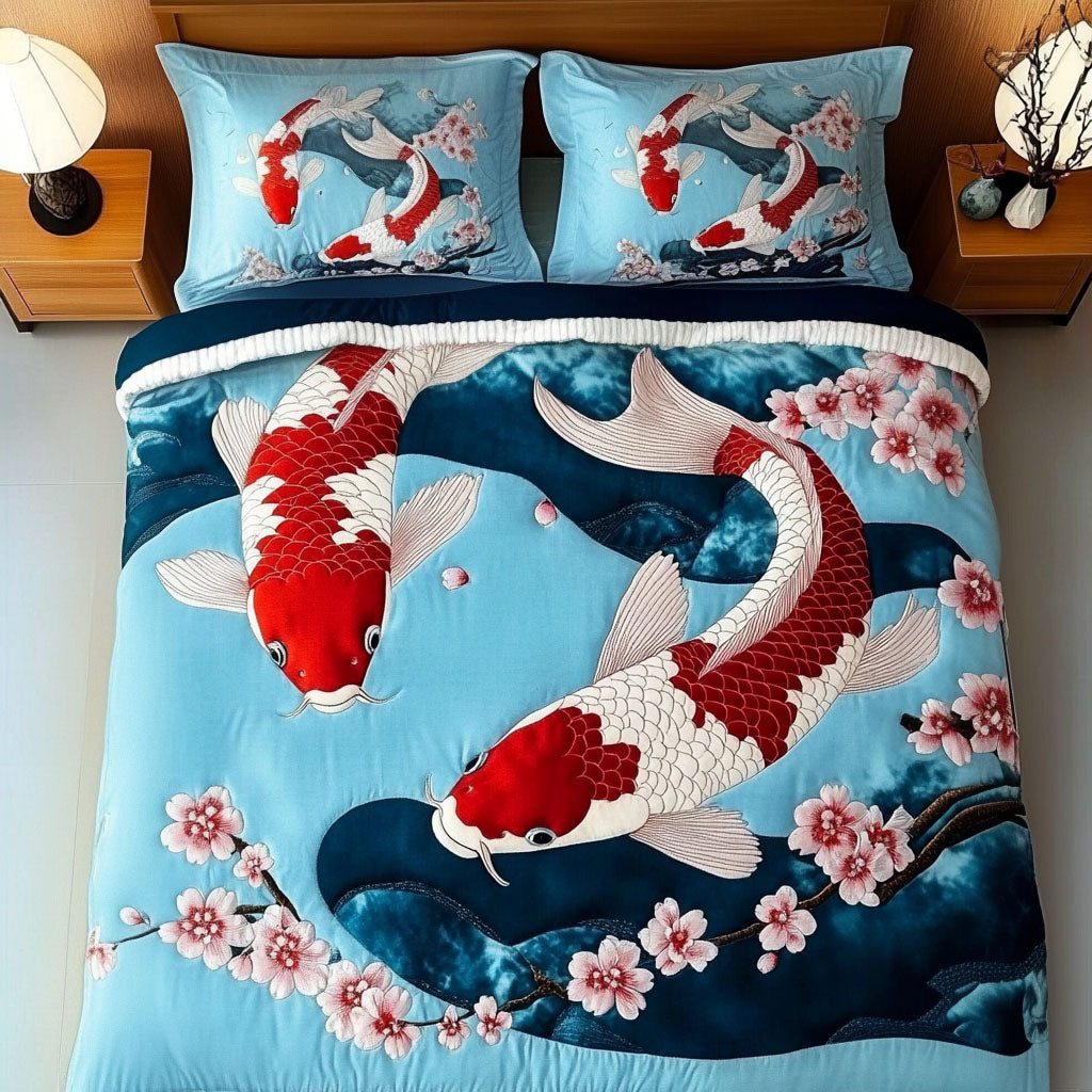 Rippled Grace quilted 3-piece bedding set on a made bed with two matching pillow shams