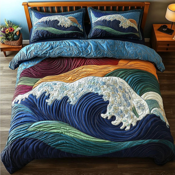 Rippled Horizon quilted 3-piece bedding set on a made bed with two matching pillow shams