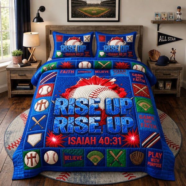 Rise Up Isaiah 40 31 Baseball Faith quilted 3-piece bedding set on a made bed in a softly lit bedroom