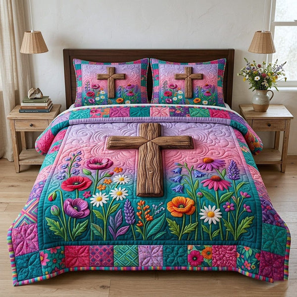 Risen Cross quilted 3-piece bedding set on a made bed in a softly lit bedroom