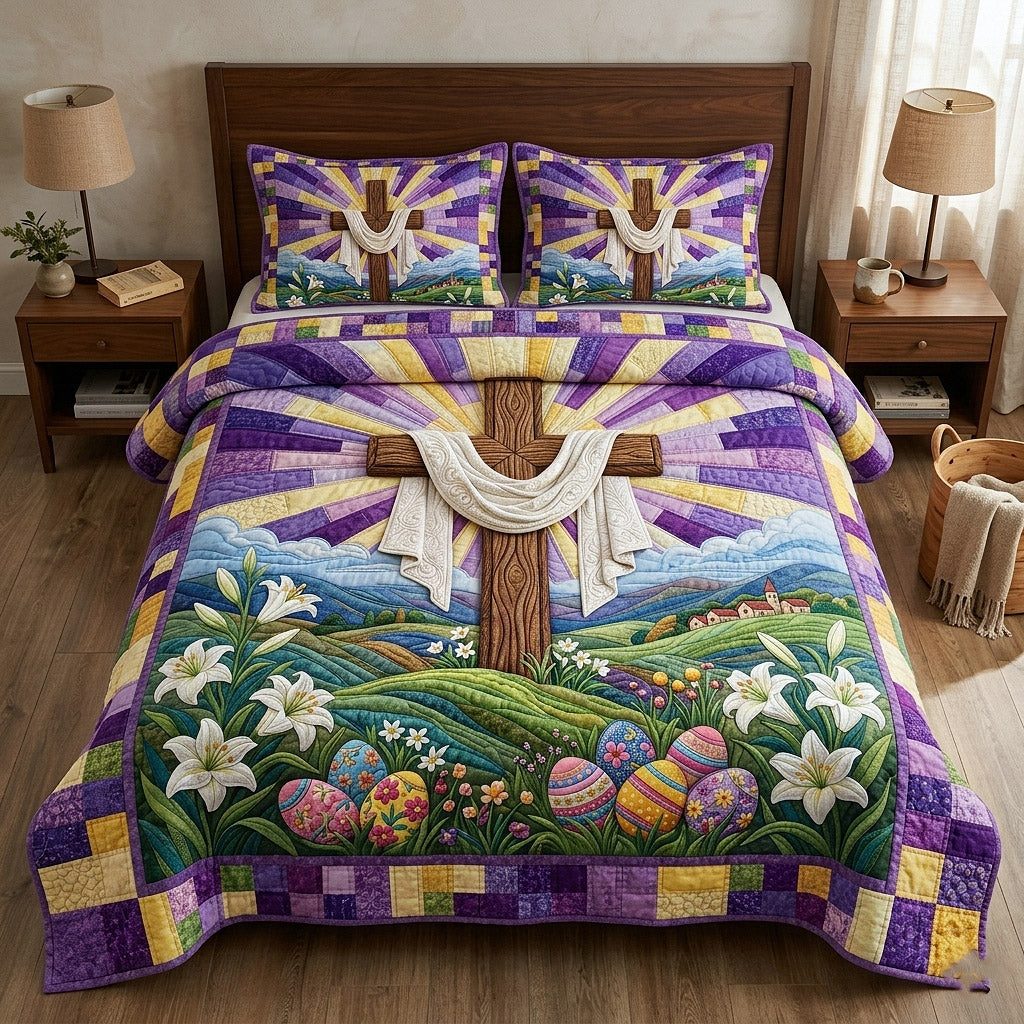 Risen Cross quilted 3-piece bedding set on a made bed in a softly lit bedroom