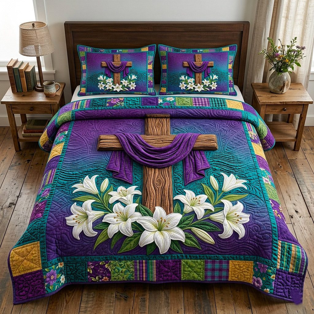 Risen Cross quilted 3-piece bedding set on a made bed in a softly lit bedroom