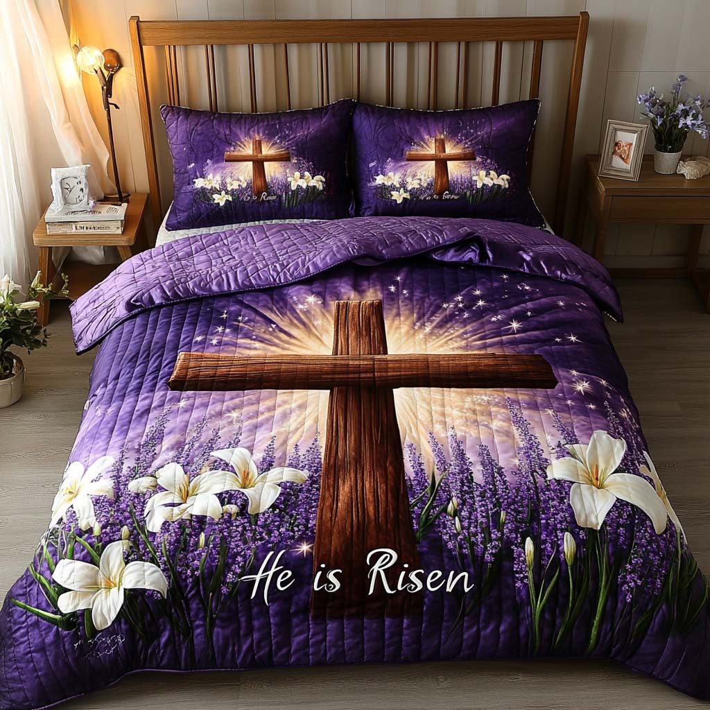 Risen in Glory quilted 3-piece bedding set on a made bed with two matching pillow shams