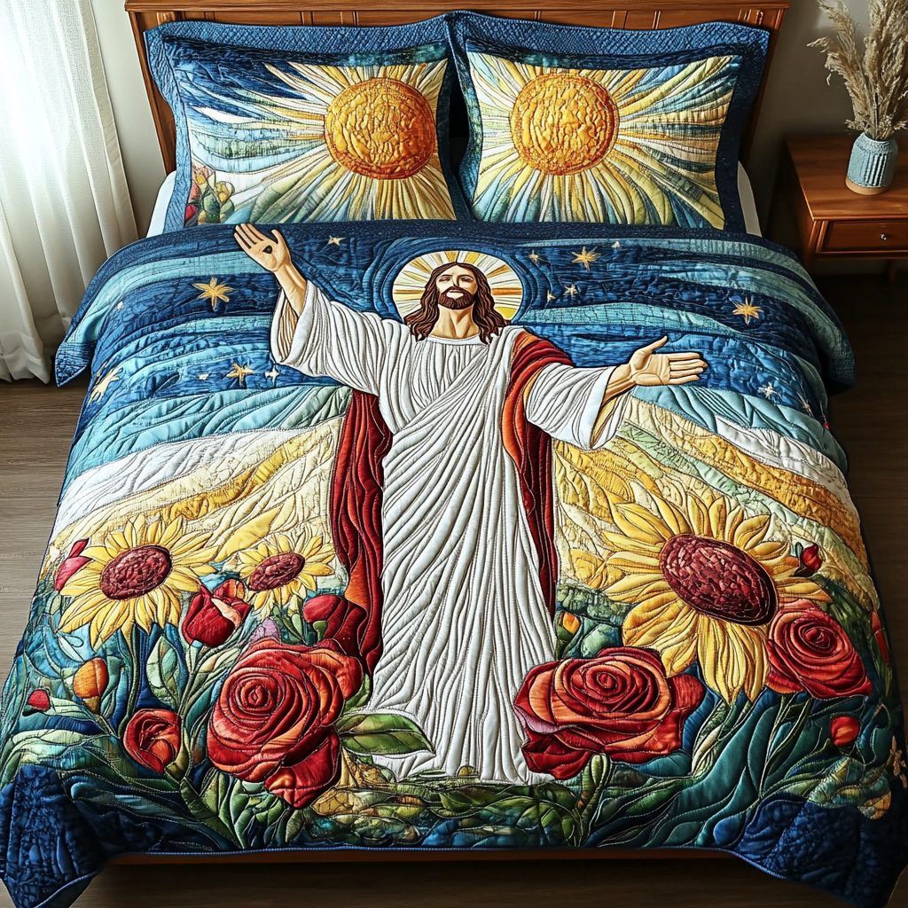 Risen Light quilted 3-piece bedding set on a made bed with two matching pillow shams