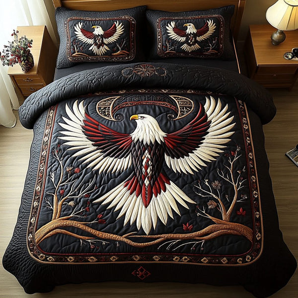 Rising Eagle quilted 3-piece bedding set on a made bed in a warmly lit bedroom