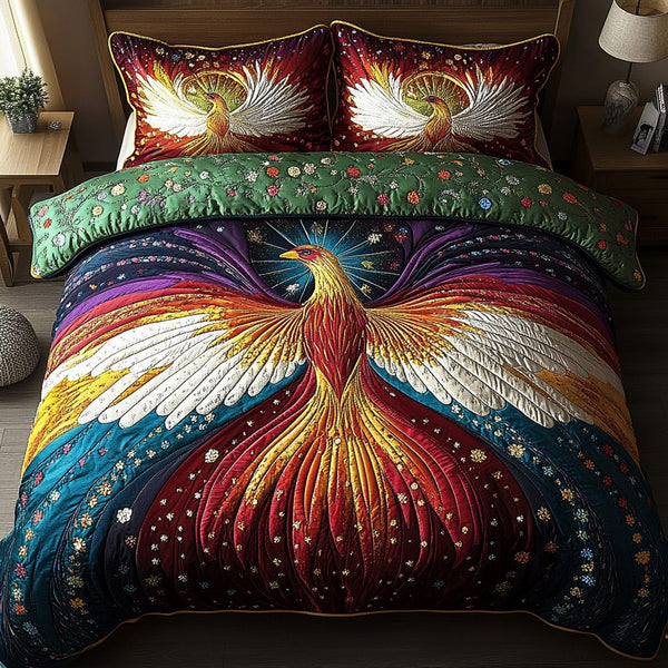 Rising Phoenix quilted 3-piece bedding set on a made bed with two matching pillow shams