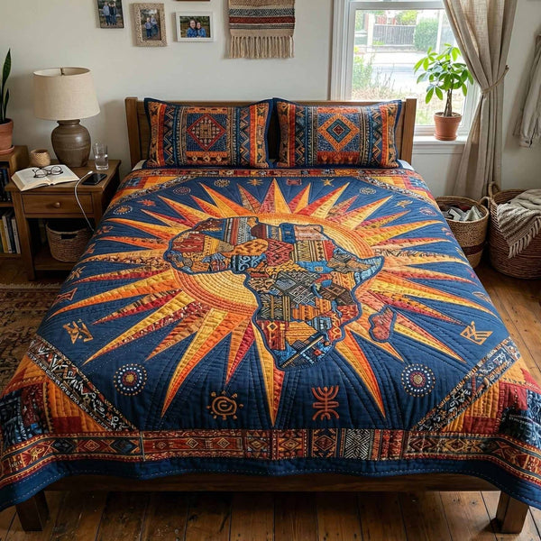 Rising Sun quilted 3-piece bedding set on a made bed with two matching pillow shams