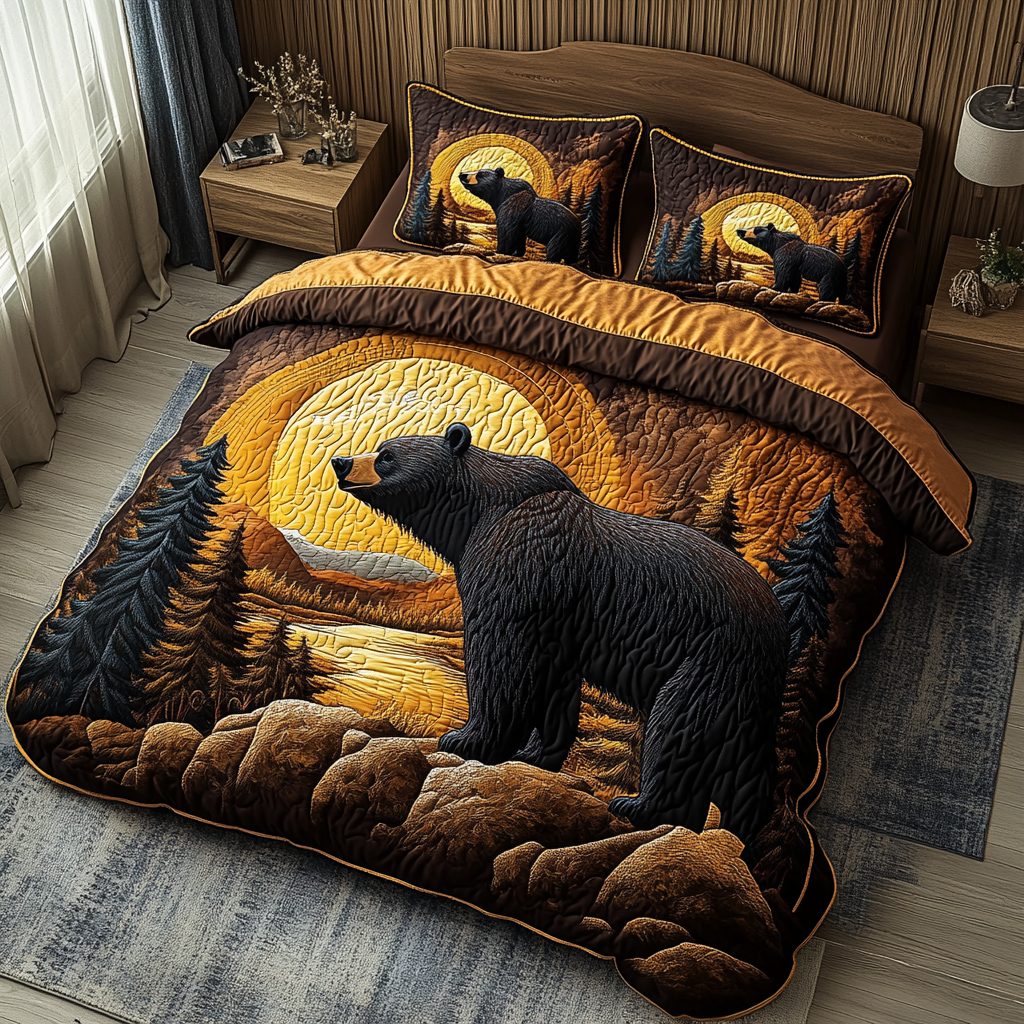 River Bear quilted 3-piece bedding set on a made bed with two matching pillow shams