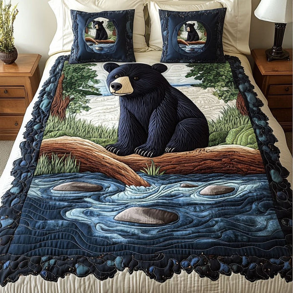 River Bear quilted 3-piece bedding set on a made bed with two matching pillow shams