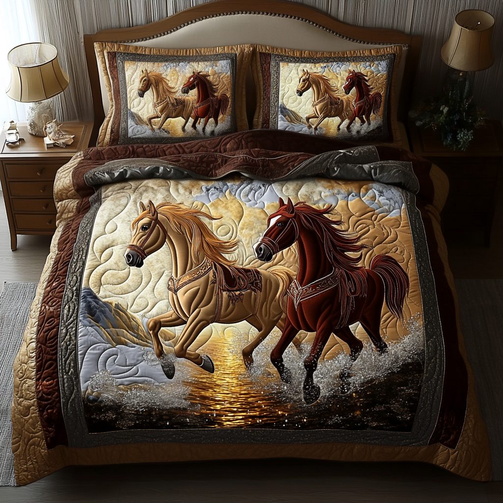 River Blaze quilted 3-piece bedding set on a made bed with two matching pillow shams
