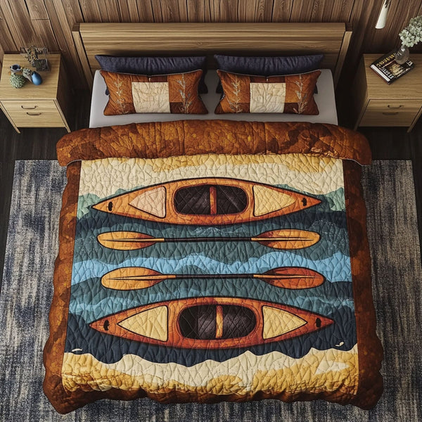 River Breeze quilted 3-piece bedding set on a made bed with two matching pillow shams