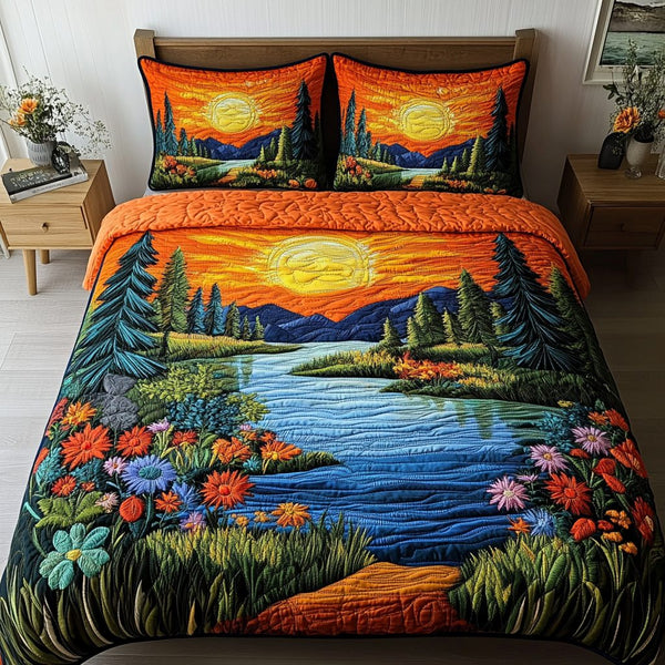River Bright quilted 3-piece bedding set on a made bed with two matching pillow shams