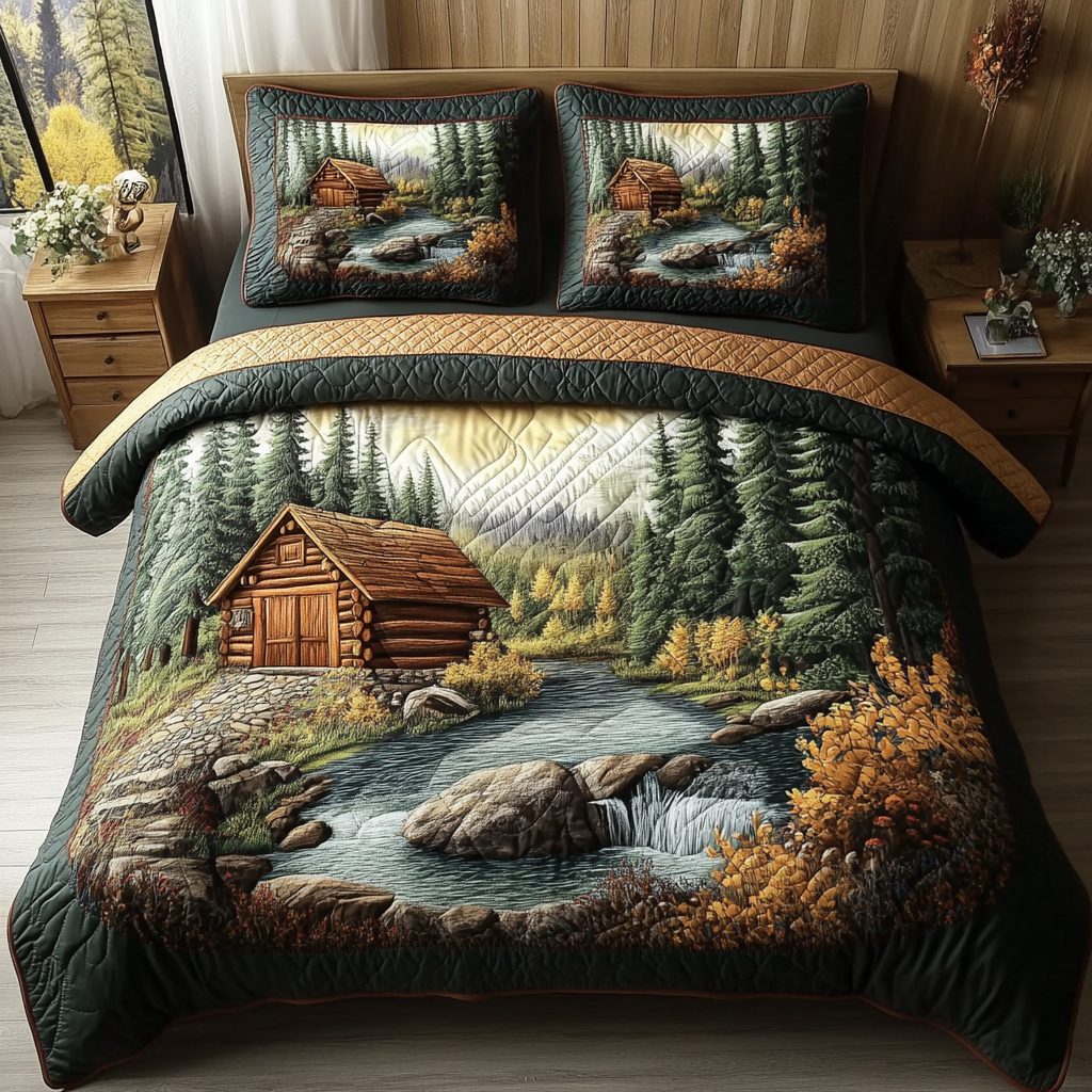 River Cabin quilted 3-piece bedding set on a made bed with two matching pillow shams