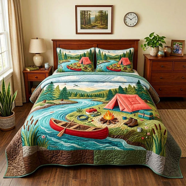 River Camping quilted 3-piece bedding set on a made bed with two matching pillow shams