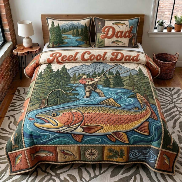 River Catch Dad quilted 3-piece bedding set on a made bed with two matching pillow shams