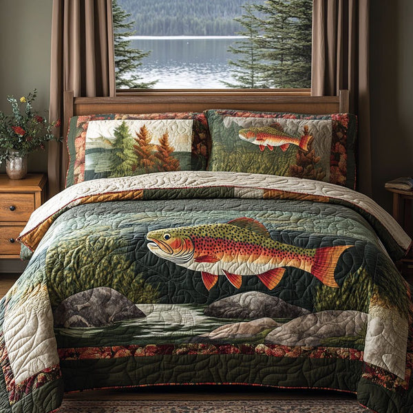 River Catch quilted 3-piece bedding set on a made bed with two matching pillow shams