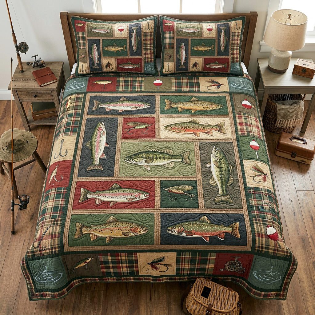 River Catch quilted 3-piece bedding set on a made bed with two matching pillow shams