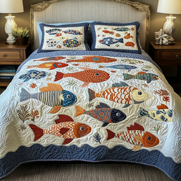 River Catch quilted 3-piece bedding set on a made bed with two matching pillow shams
