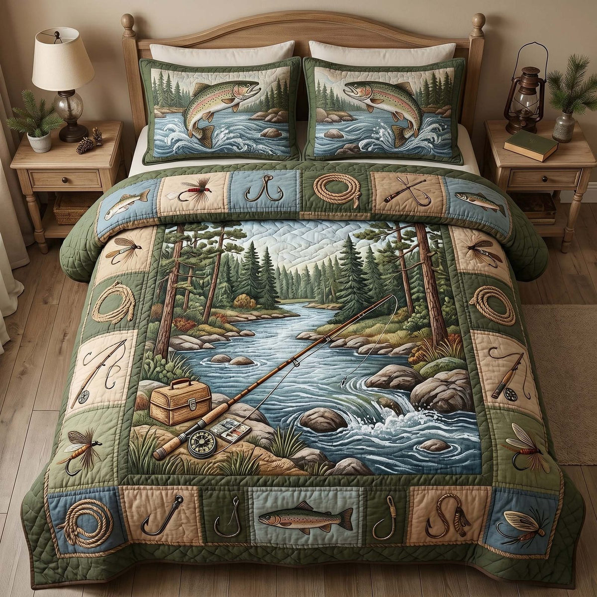 River Catch Set quilted 3-piece bedding set on a made bed with two matching pillow shams