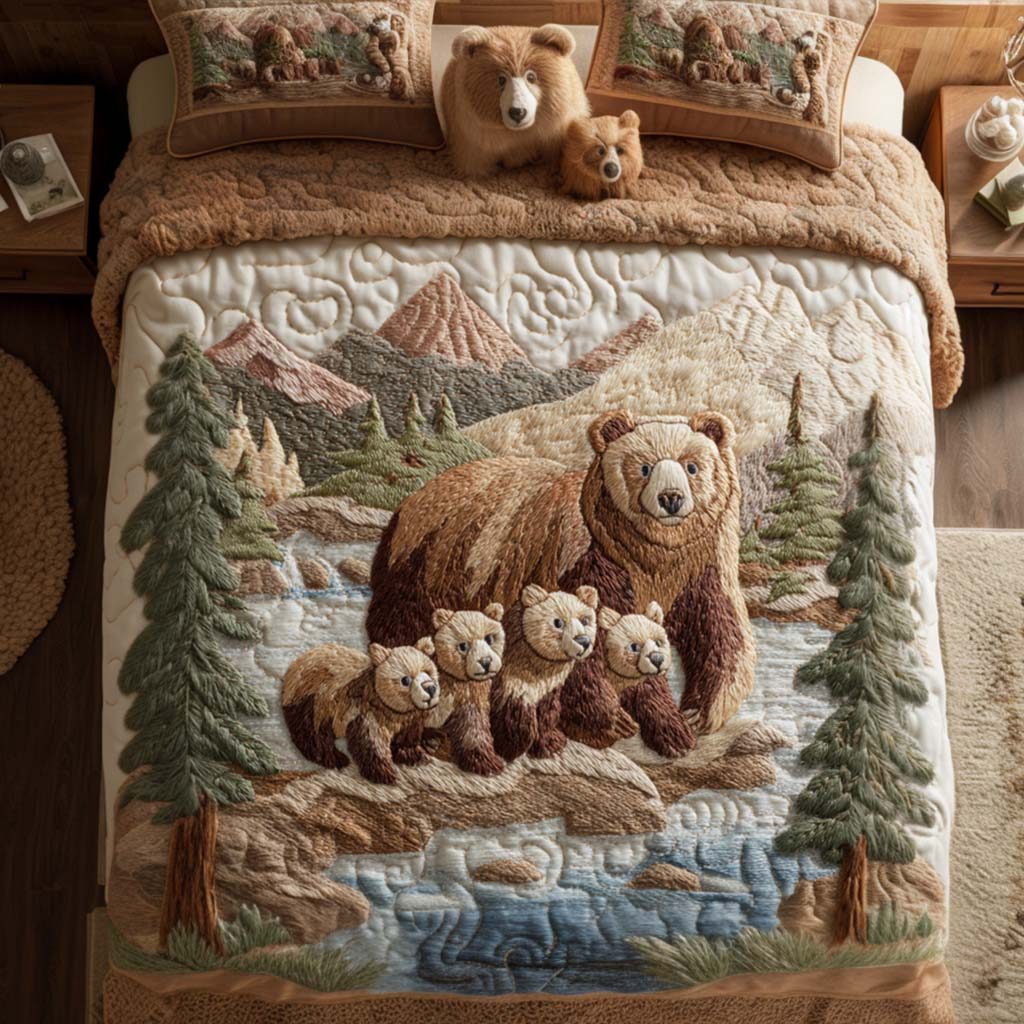 River Cubs quilted 3-piece bedding set on a made bed with two matching pillow shams