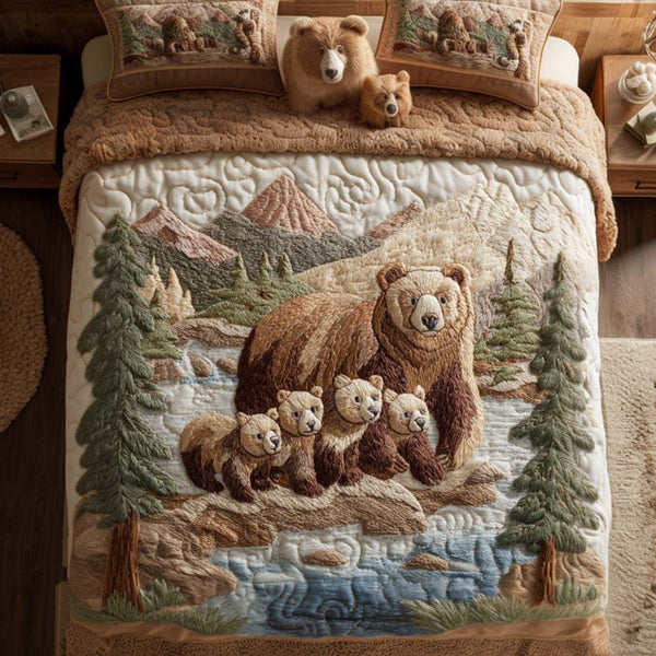 River Cubs quilted 3-piece bedding set on a made bed with two matching pillow shams