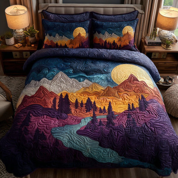 River Dawn quilted 3-piece bedding set on a made bed with two matching pillow shams