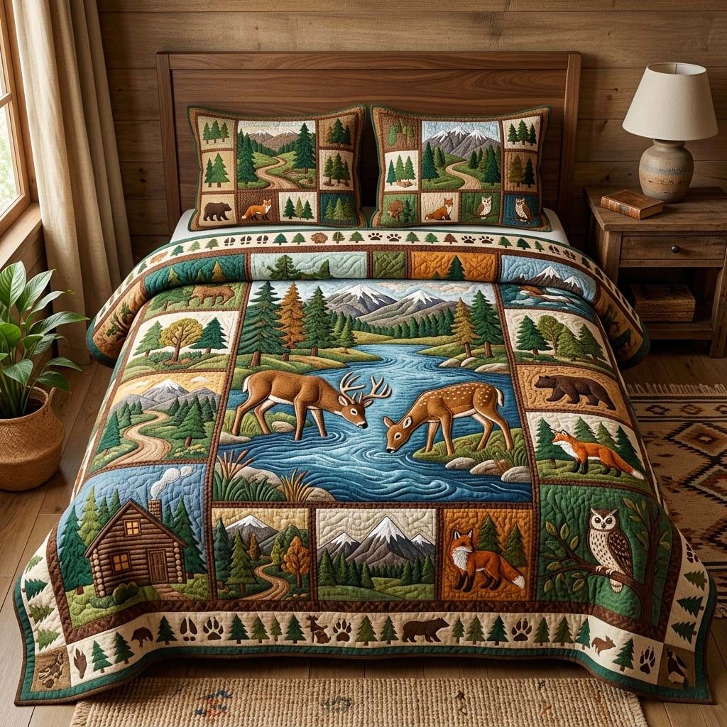 River Deer quilted 3-piece bedding set on a made bed with two matching pillow shams
