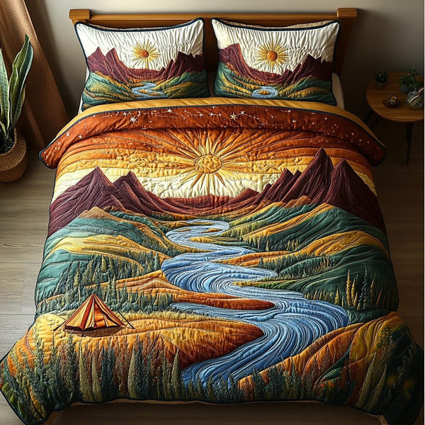 River Dream quilted 3-piece bedding set on a made bed with two matching pillow shams