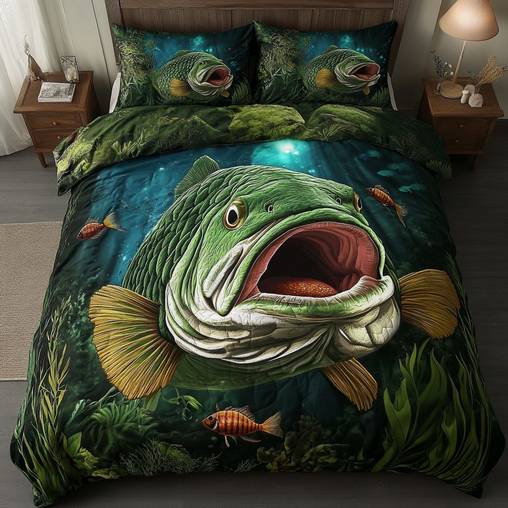 River Dream quilted 3-piece bedding set on a made bed with two matching pillow shams
