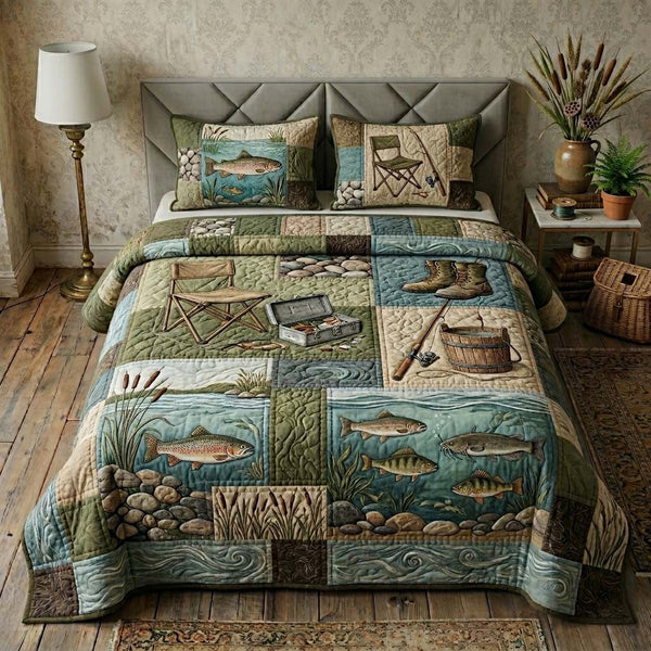 River Gear quilted 3-piece bedding set on a made bed with two matching pillow shams