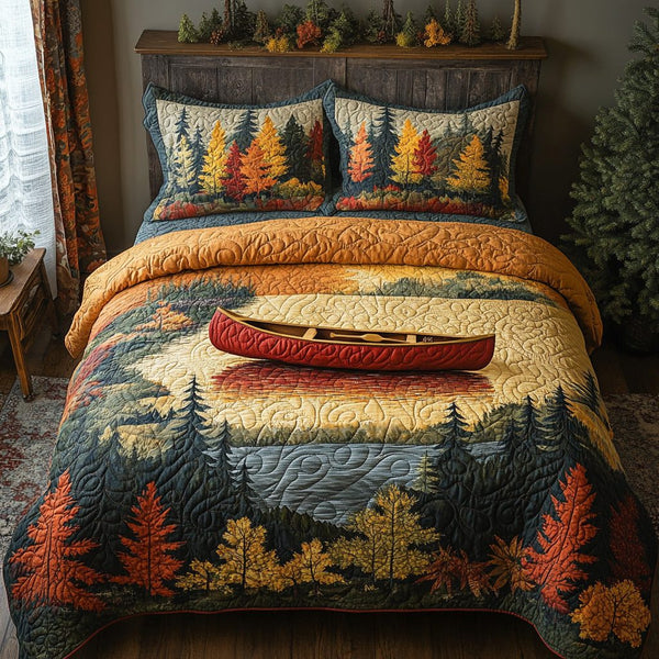 River Glide quilted 3-piece bedding set on a made bed with two matching pillow shams