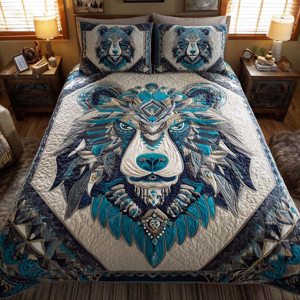 River Hunter quilted 3-piece bedding set on a made bed with two matching pillow shams