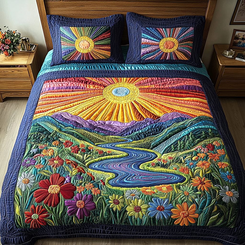 River of Light quilted 3-piece bedding set on a made bed with two matching pillow shams