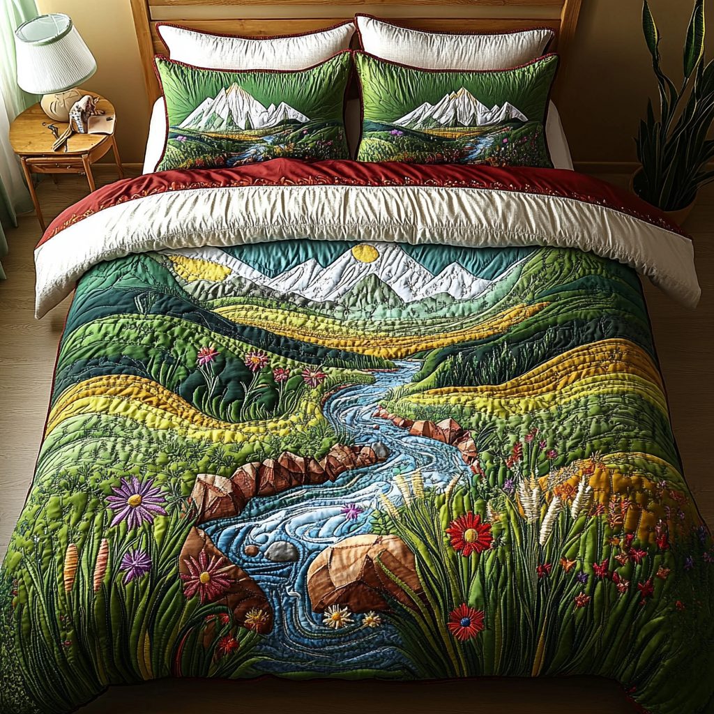River Path quilted 3-piece bedding set on a made bed with two matching pillow shams