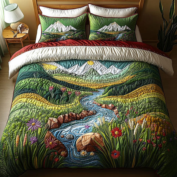 River Path quilted 3-piece bedding set on a made bed with two matching pillow shams