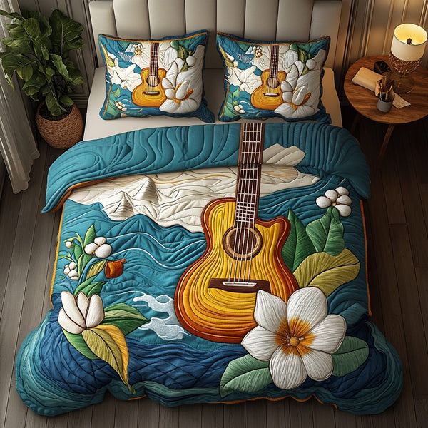 River Petals quilted 3-piece bedding set on a made bed with two matching pillow shams