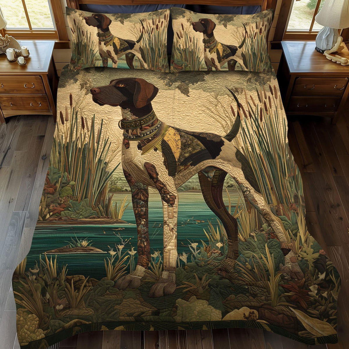 River Rover quilted 3-piece bedding set on a made bed with two matching pillow shams