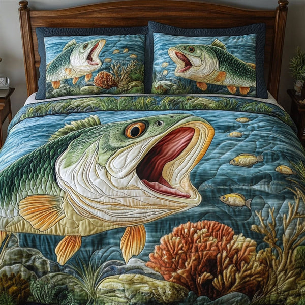 River Ruler quilted 3-piece bedding set on a made bed with two matching pillow shams