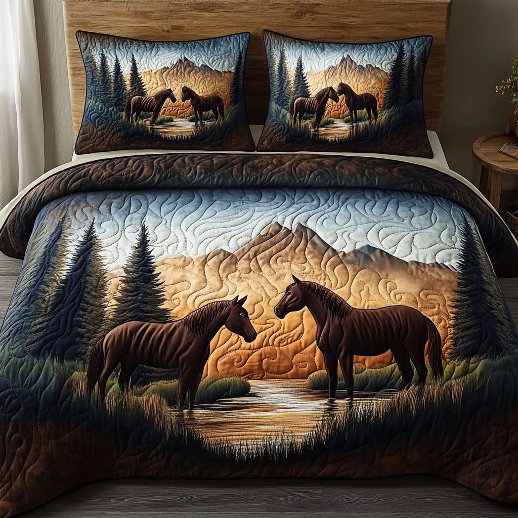 River Serenity quilted 3-piece bedding set on a made bed with two matching pillow shams