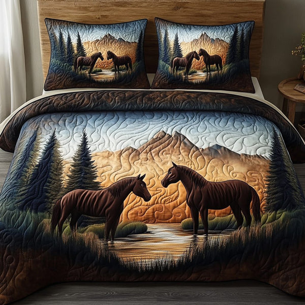 River Serenity quilted 3-piece bedding set on a made bed with two matching pillow shams
